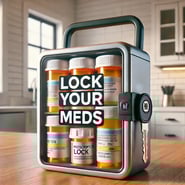 DALL·E 2025-02-04 12.25.03 - A realistic blog graphic featuring a simple lockbox with prescription medication bottles inside, placed on a kitchen counter or bathroom shelf. The lo